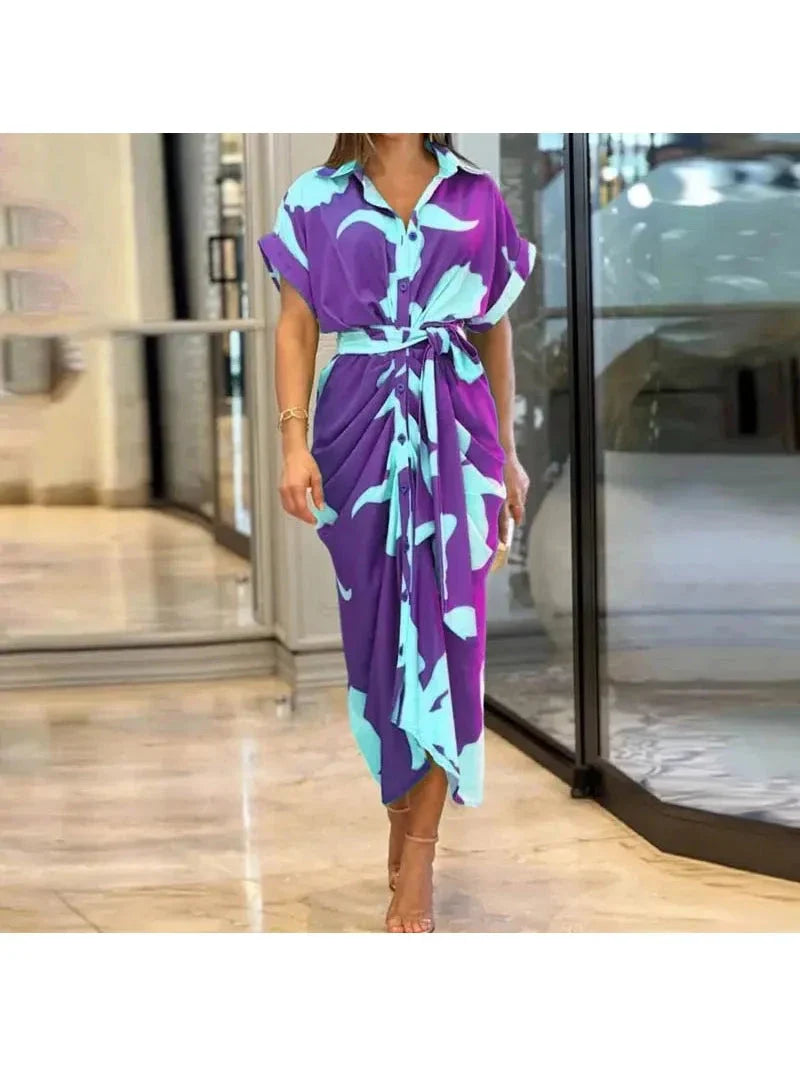 Women's midi V-neck casual dress in flowing fabric with adjustable tie waist for elegant silhouette