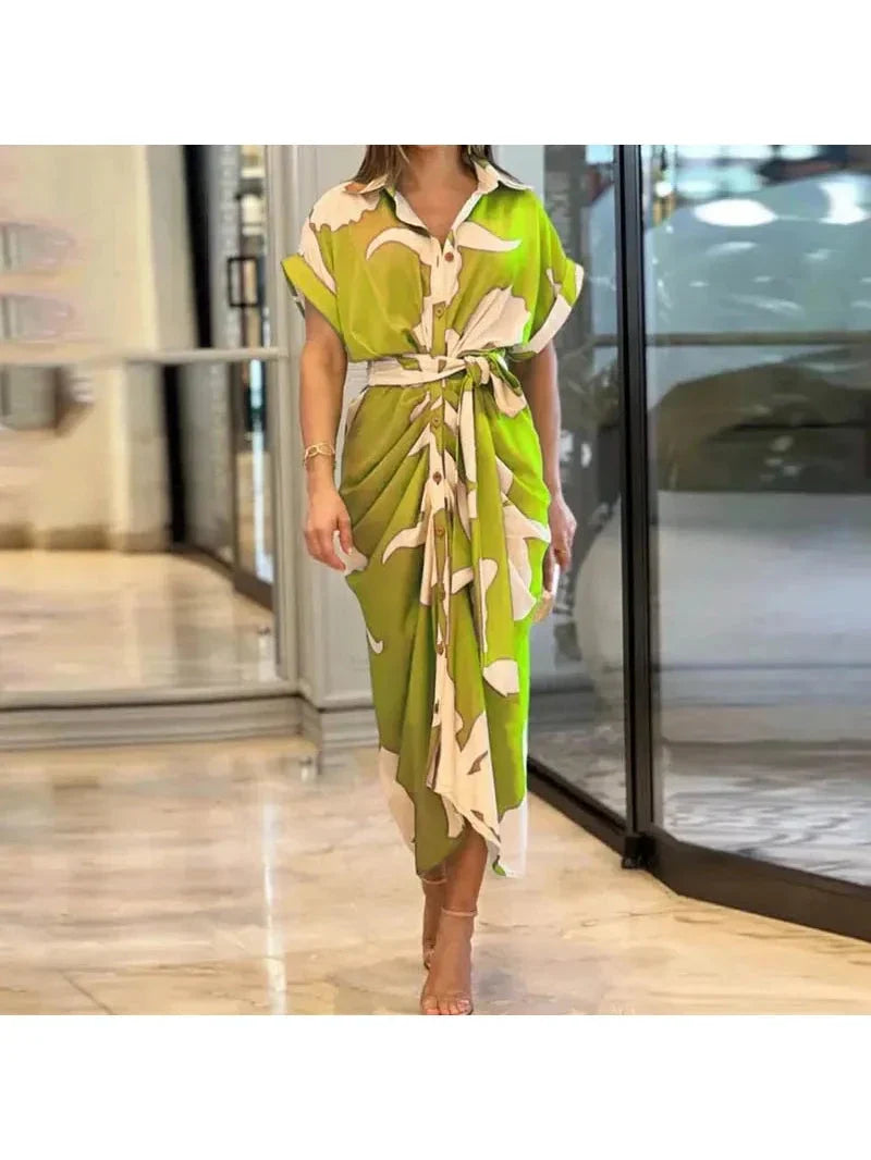 Women's midi V-neck casual dress flowing fabric tie waist adjustable silhouette elegant comfort
