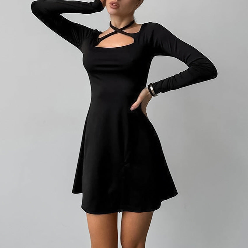 Urbann-Vibe Lyra black A-line mini dress square neckline crisscross strap slim bodice flared skirt