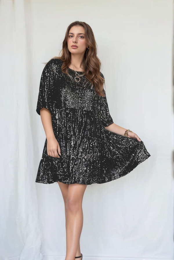 Shimmering tiered mini dress loose fit elbow sleeves lightweight sparkle party style