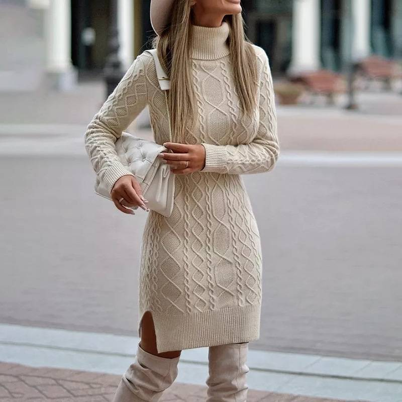 Cream cable knit mini dress turtleneck slim body-skimming silhouette stretch knit blend