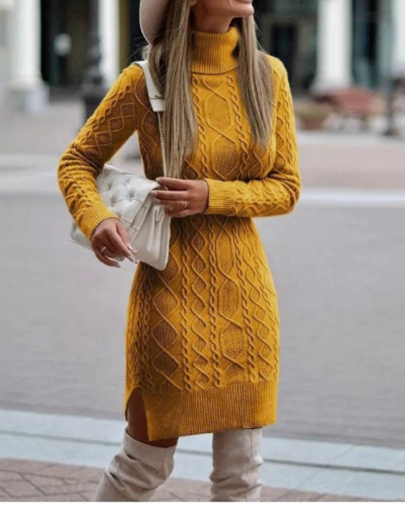 Ivory cable knit mini dress with turtleneck, slim body-skimming silhouette and cozy texture