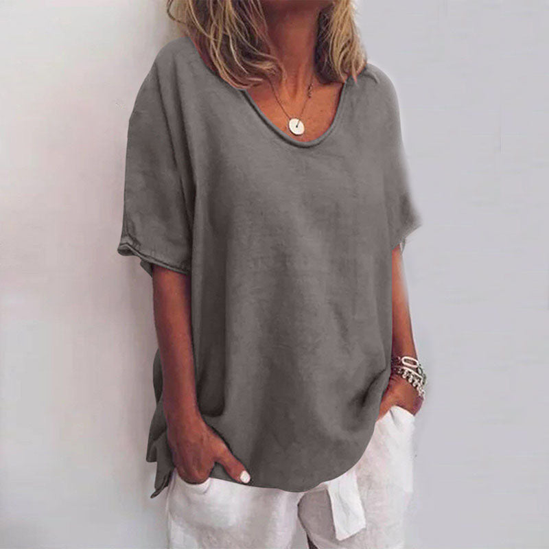 Women's loose fit classic cotton blend t-shirt in neutral tone, soft breathable relaxed silhouette