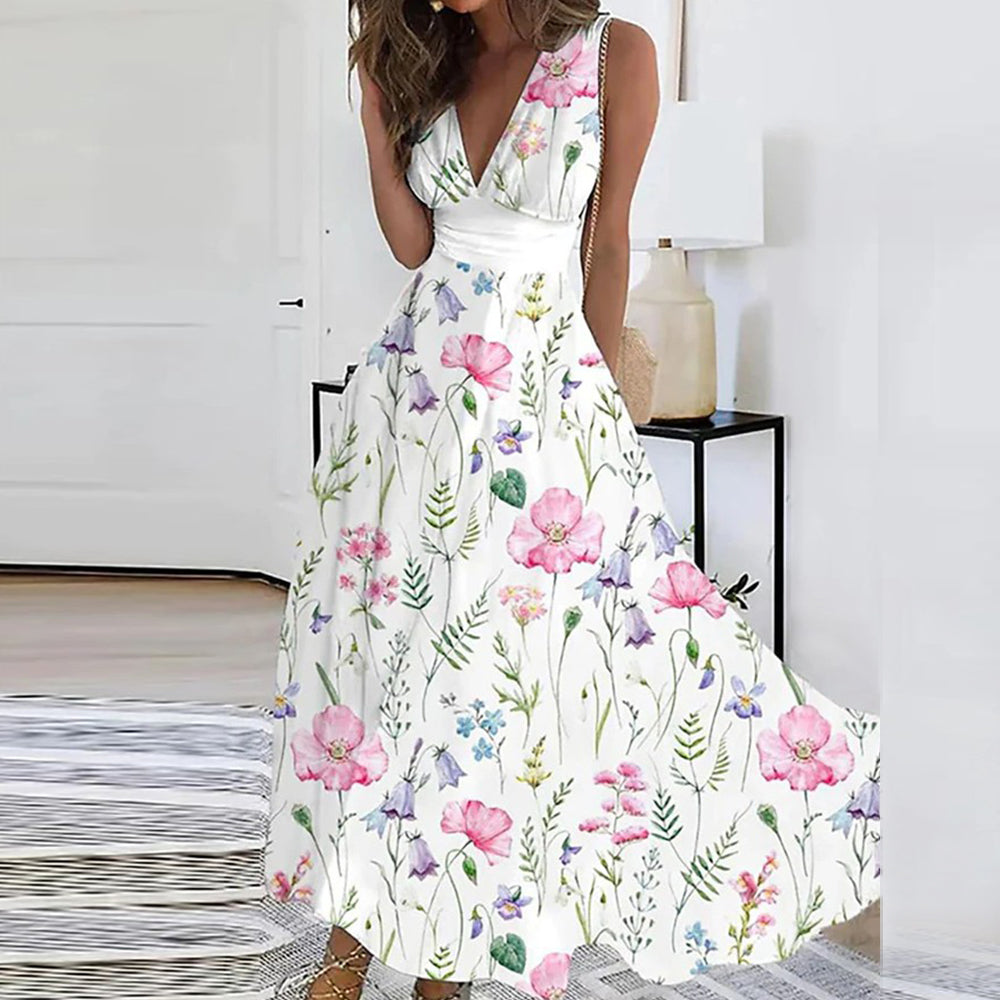 Women's sleeveless V-neck floral print maxi dress lightweight A-line summer elegant fit