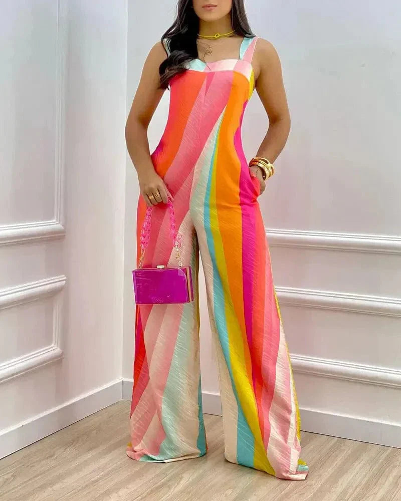 Women's geometric print wide-leg jumpsuit square neck sleeveless bold chic multicolor pattern