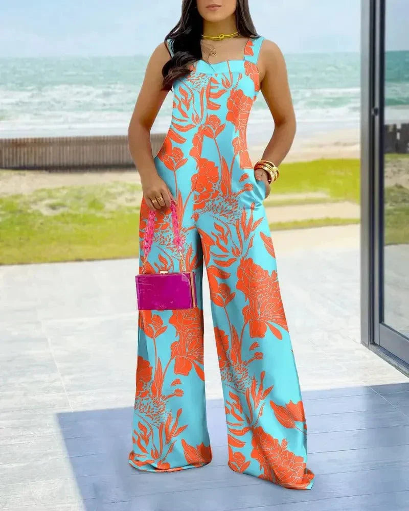 Women's geometric print wide-leg jumpsuit square neck sleeveless bold chic warm-weather style
