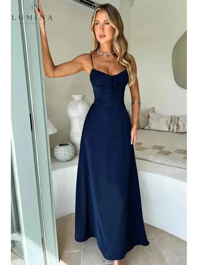 Maelys black sleeveless maxi dress with adjustable lace-up front, boho chic silhouette