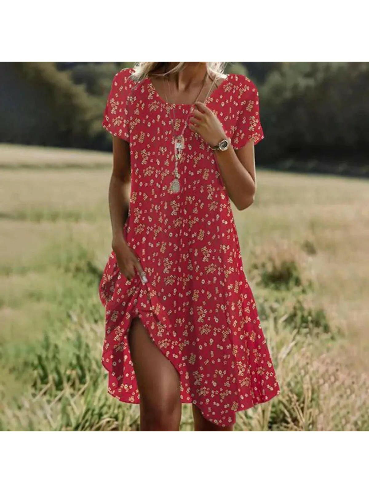 Women's boho floral maxi dress relaxed silhouette V-neckline high-waist cut lightweight summer