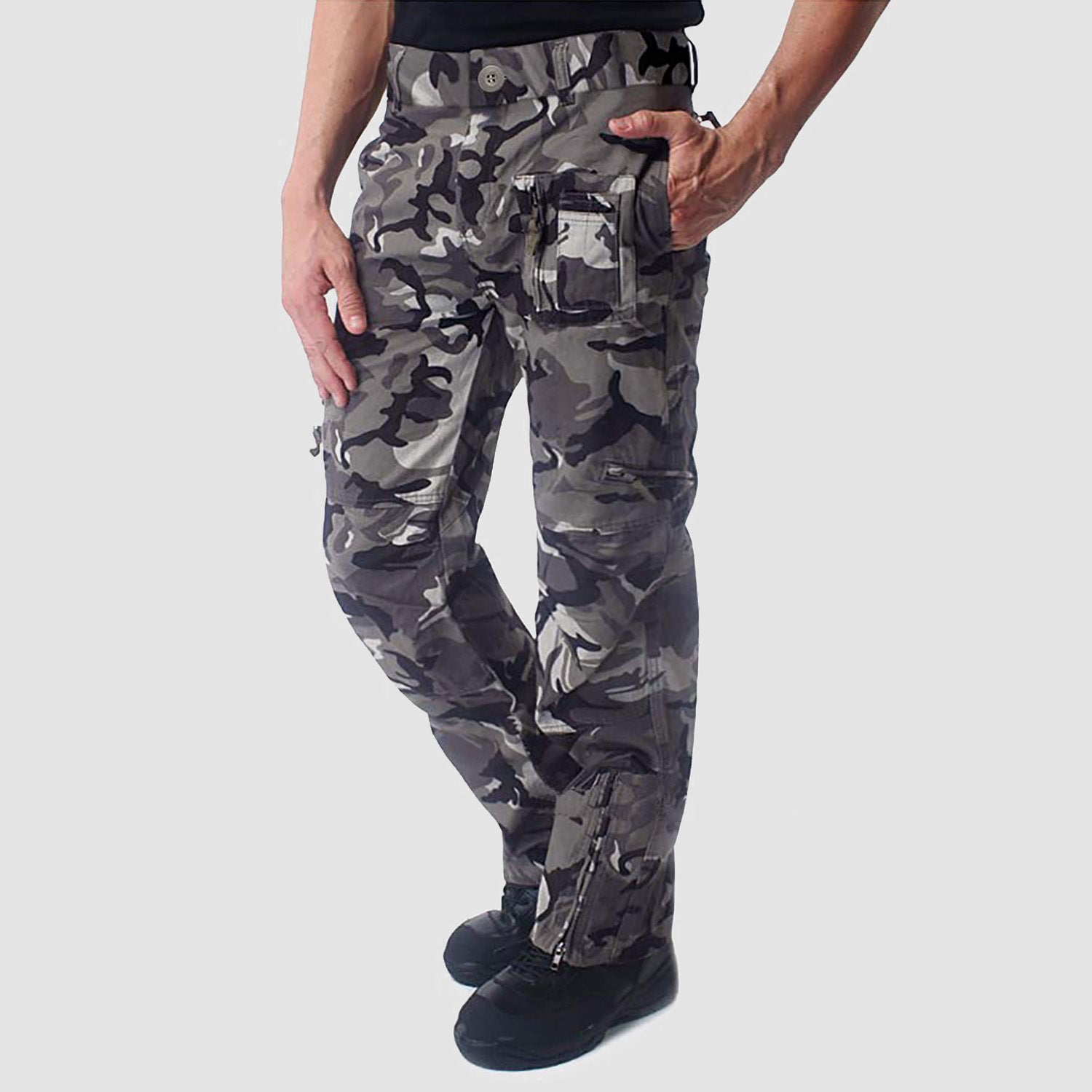 Men's tactical cargo pants in neutral tone, relaxed fit, 9-pocket outdoor hiking design