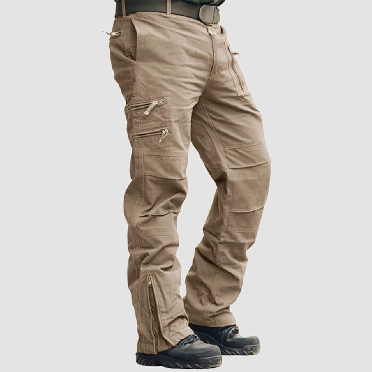 Men's tactical cargo pants in neutral tone, straight-cut with 9 multi-pocket utility design for hiking