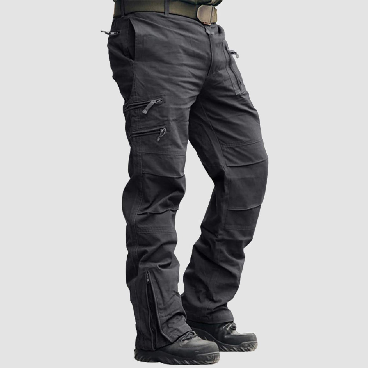 Men's tactical cargo pants in neutral tone, straight-fit with 9 multi-pocket design for hiking