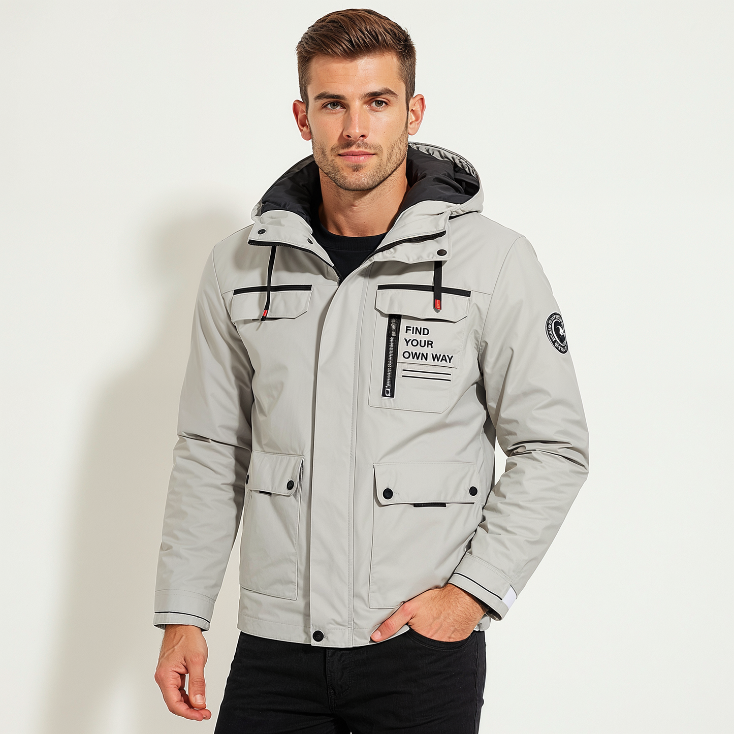 Men's navy insulated waterproof winter jacket Nordic-inspired design with thermal lining for cold weather