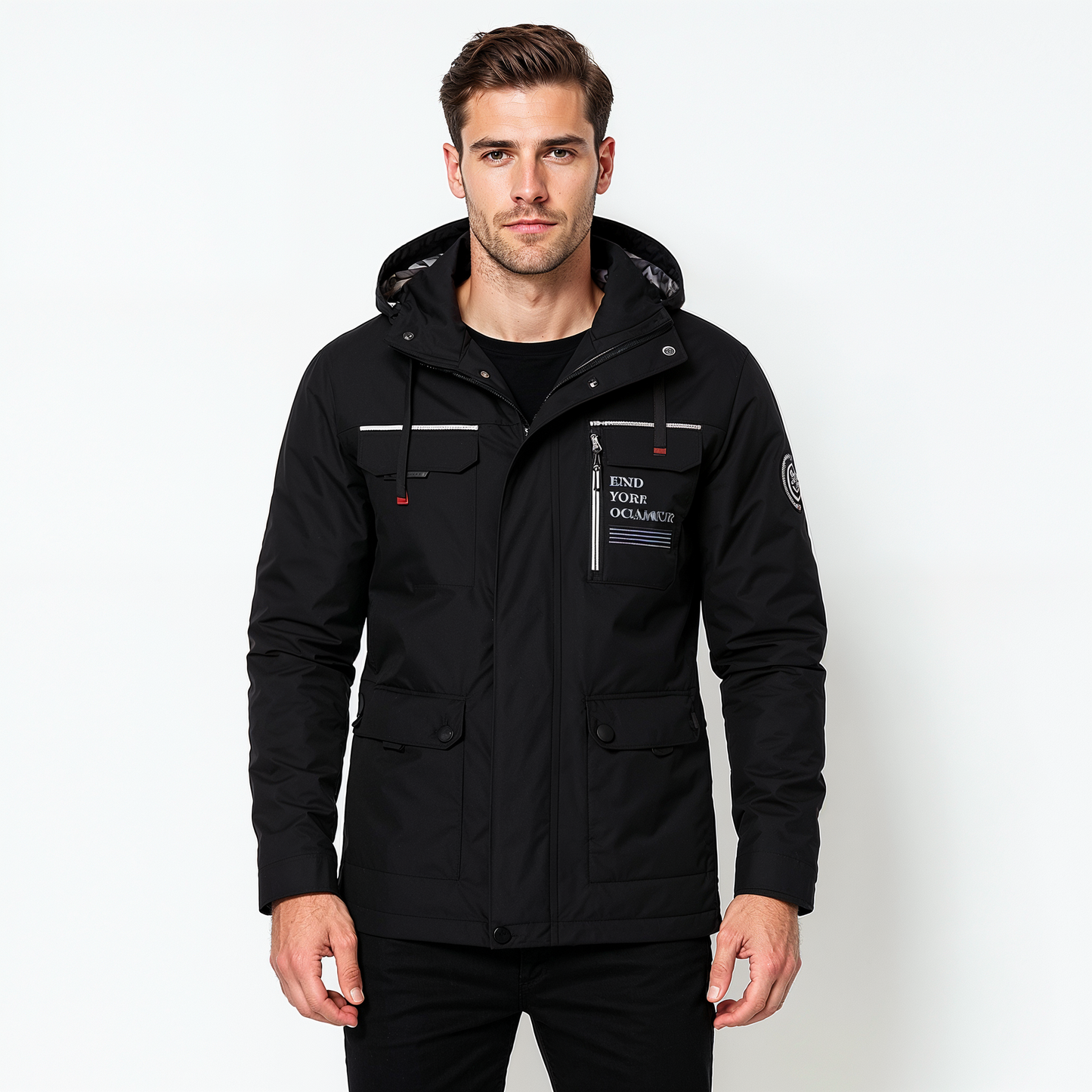 Men's navy insulated waterproof winter jacket Nordic-inspired slim cut with water-repellent shell
