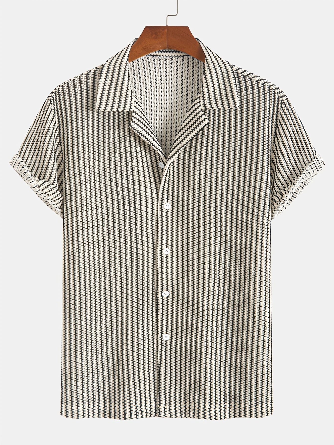 Men's striped knit button-up shirt, breathable open-weave cotton blend with dress-shirt structure