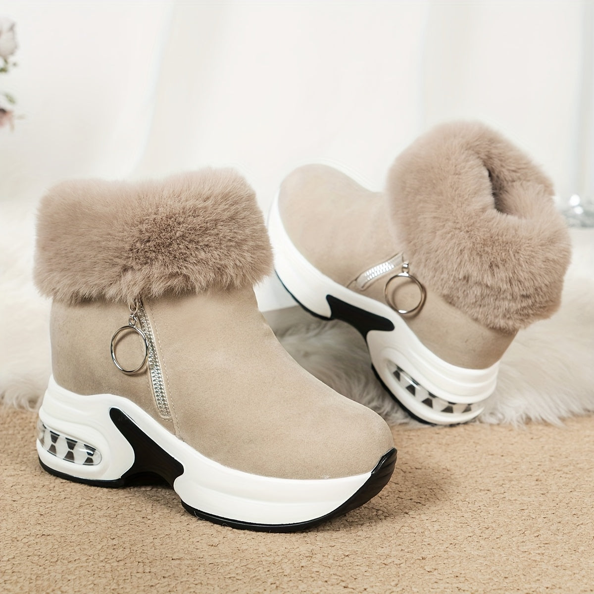 Women's platform winter boot faux suede upper plush fur collar bold chunky heel zip closure