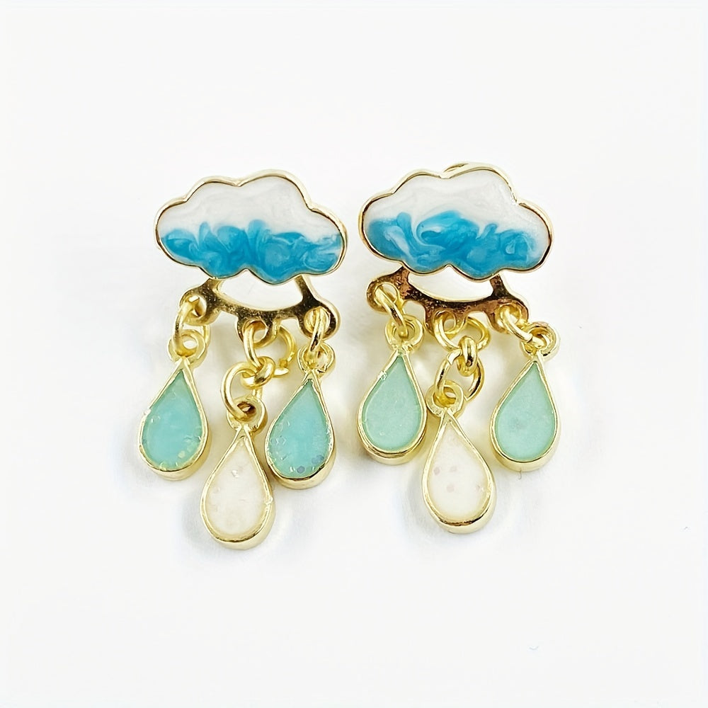 Goldtone raindrop dangle earrings enamel cloud swirls glitter resin lightweight statement jewelry