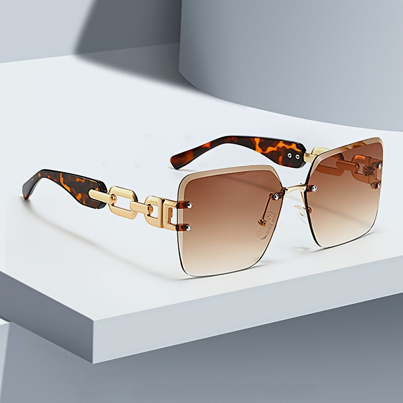 Rimless square sunglasses gold chain-link temples UV400 gradient lenses bold streetwear fashion