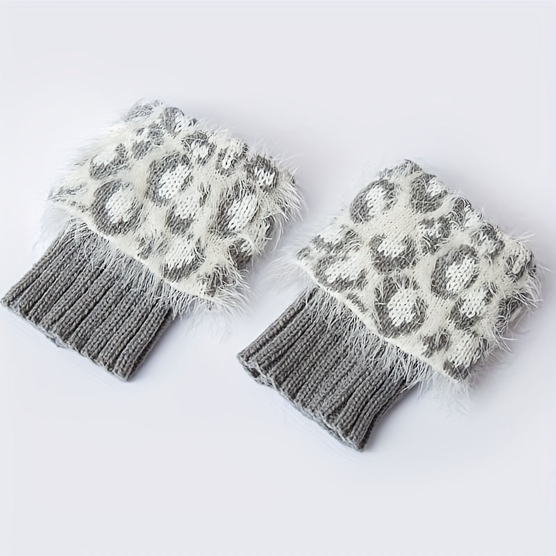 Leopard print faux fur boot cuffs women plush ribbed stretch knit stay-in-place fashion accessory