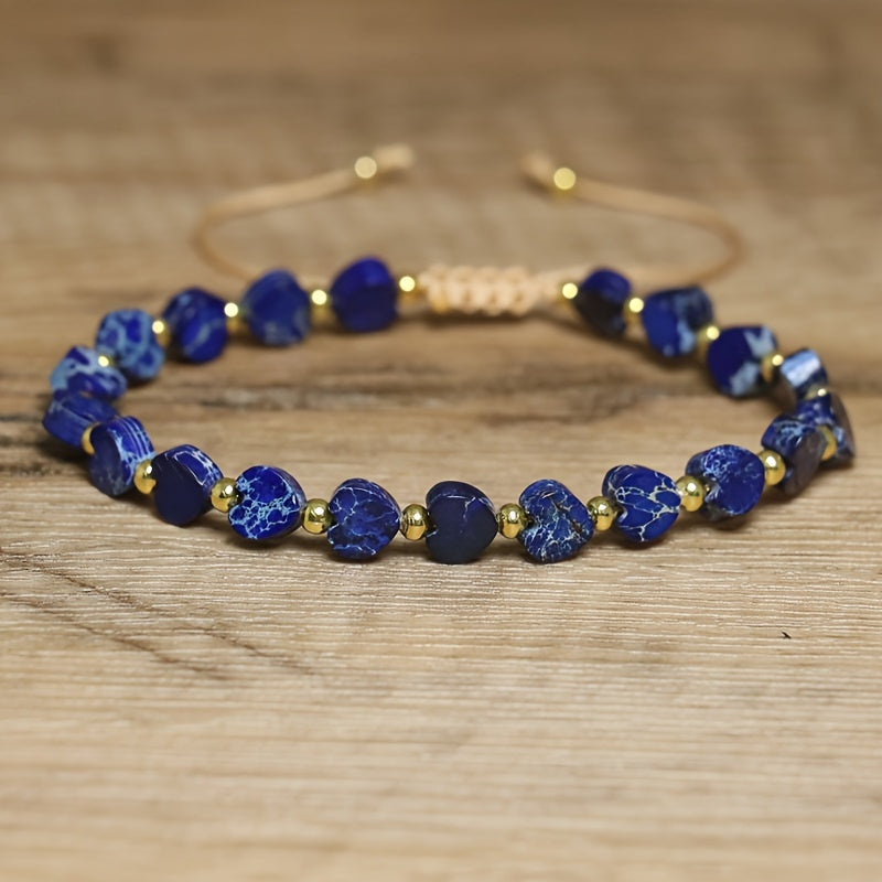 Adjustable stone bracelet with heart-shaped gemstone beads, natural marbling, and gold-tone accents