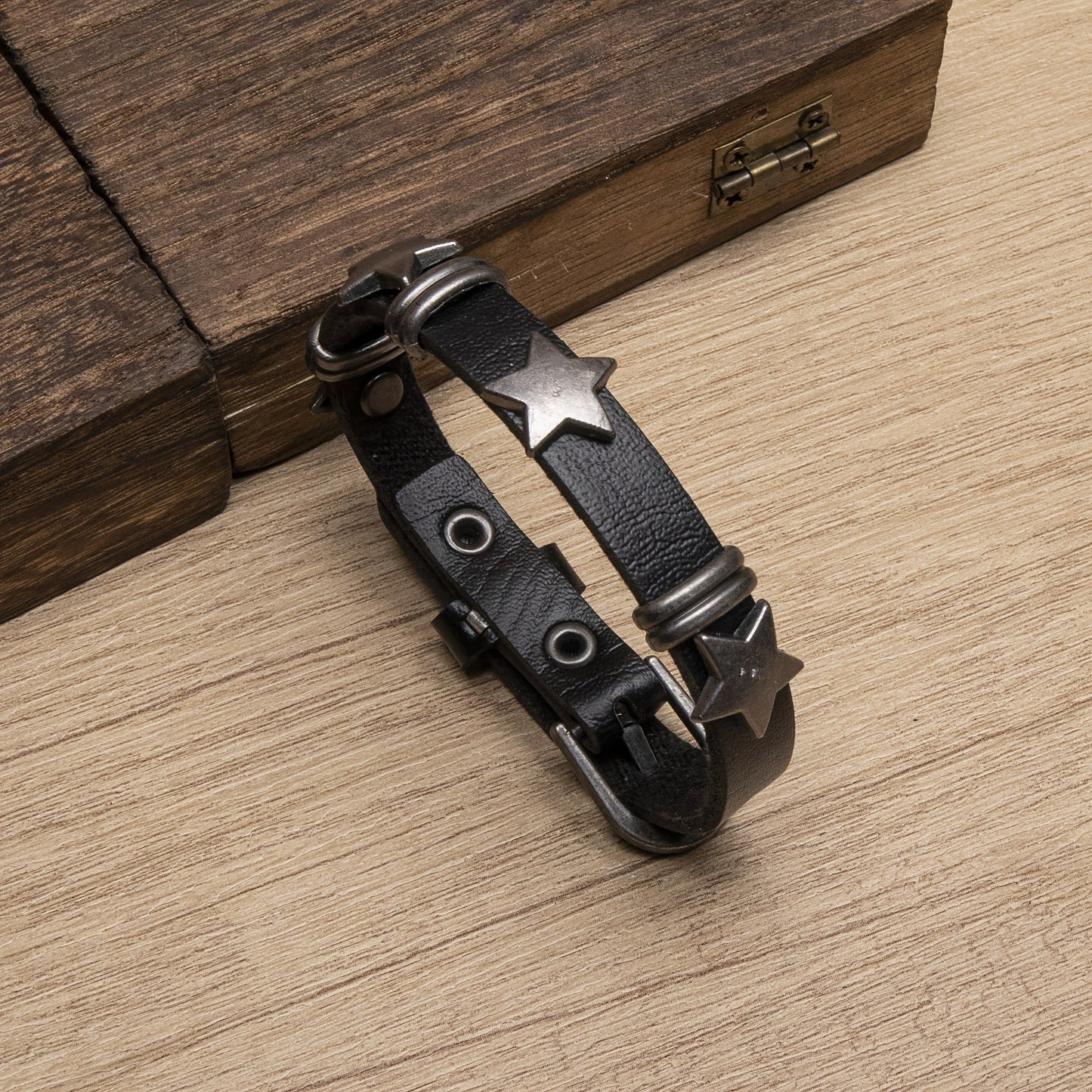 Nova stud strap bracelet full-grain leather with bold alloy star studs vintage finish adjustable