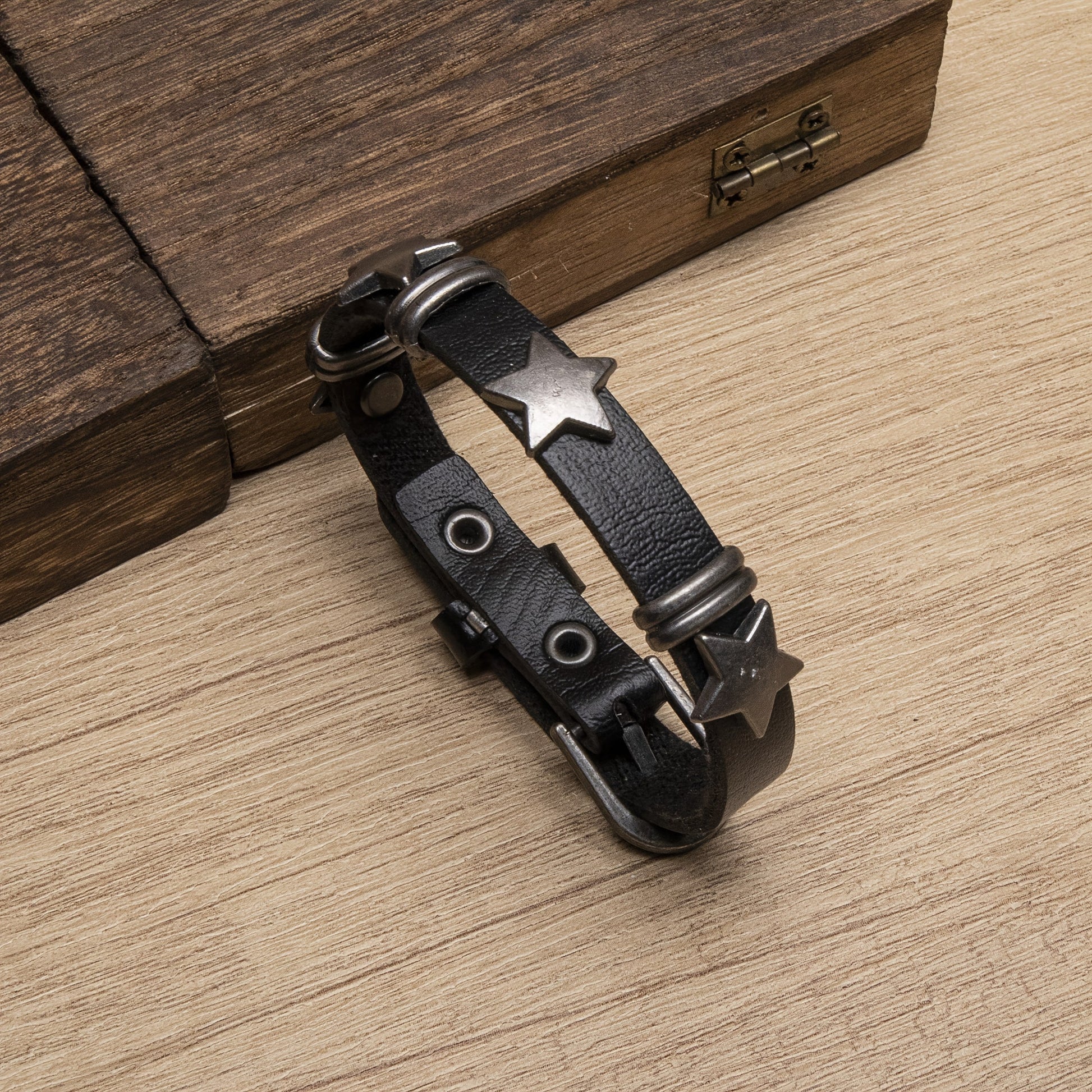 Nova stud strap bracelet full-grain leather with bold alloy star studs vintage finish adjustable