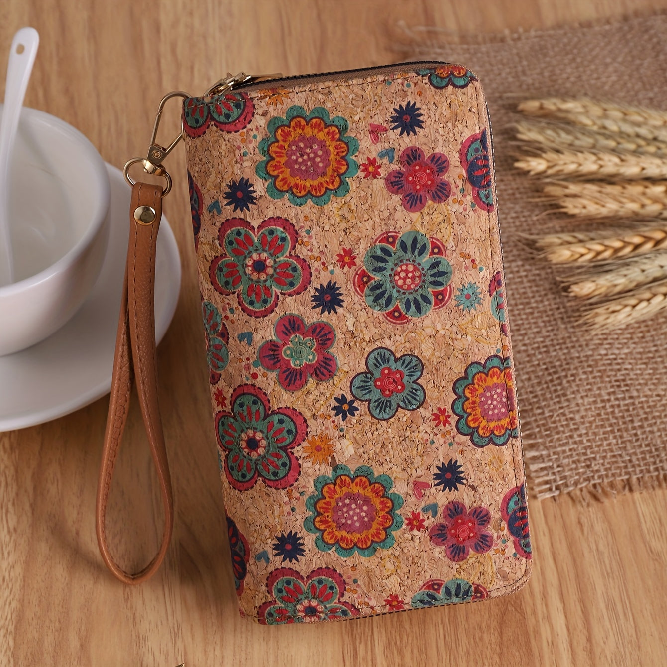 Terra cork mosaic boho wallet, water-resistant dual zip eco-friendly artisan patterned wristlet compact organizer