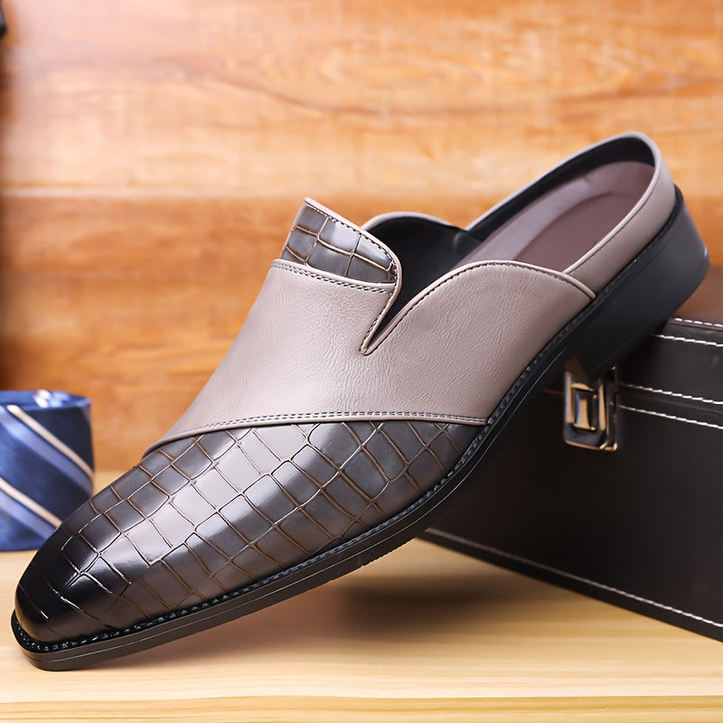 Men's brown crocodile-embossed leather mule loafer with open-back slip-on design and cushioned footbed