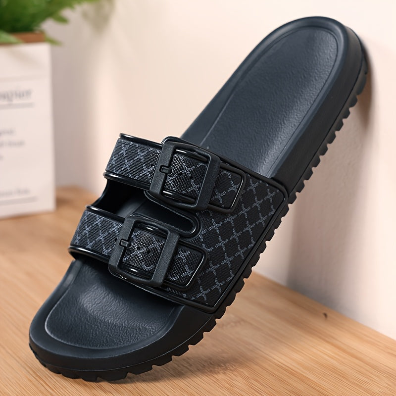 Cavalli double buckle slide sandals with patterned straps and high-gloss adjustable buckles