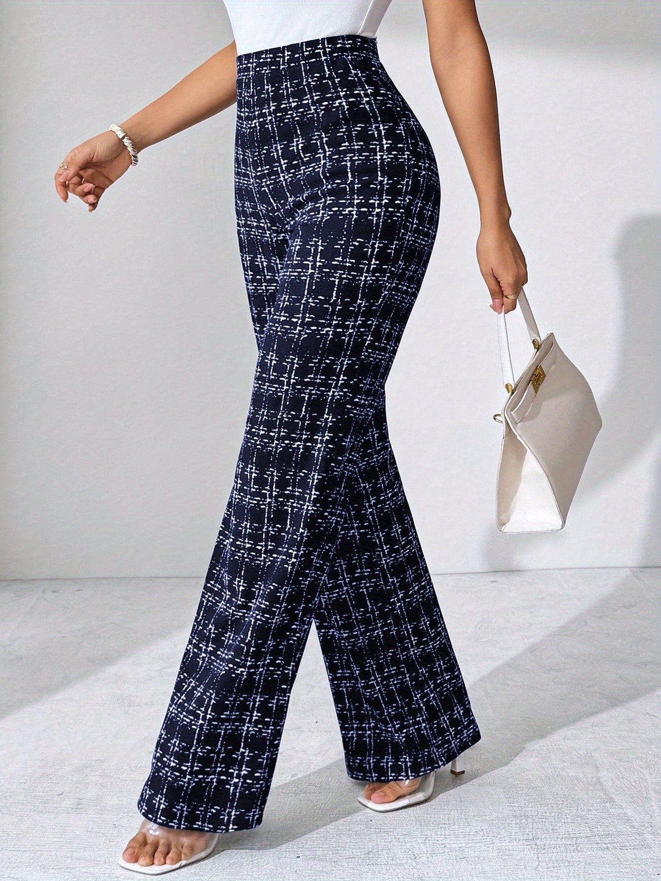 Women's tweed plaid flare pants high-waisted ultra-soft stretch knit sculpting workwear silhouette