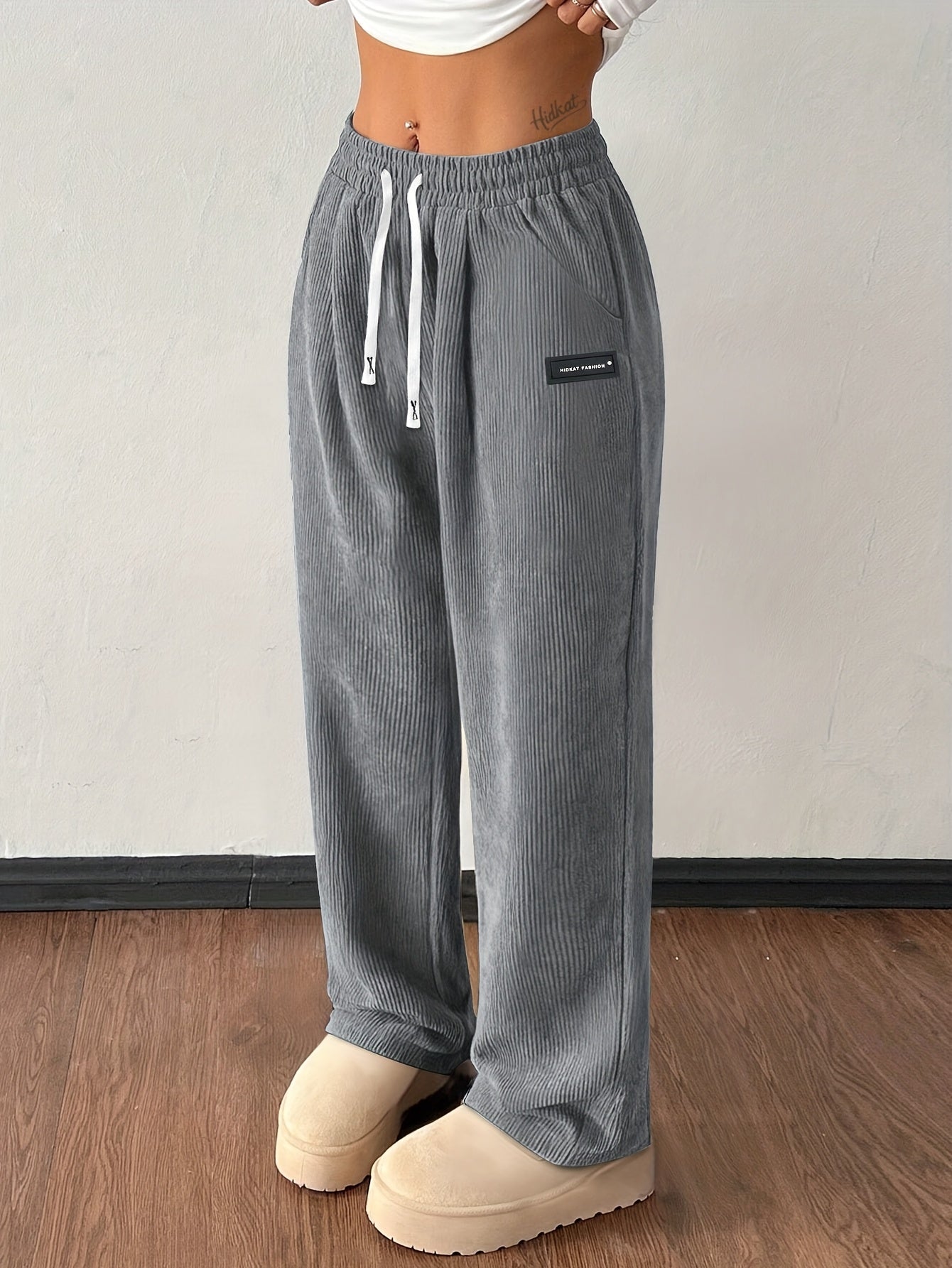 Olive green corduroy jogger pants women high rise drawstring waist wide-leg deep pockets