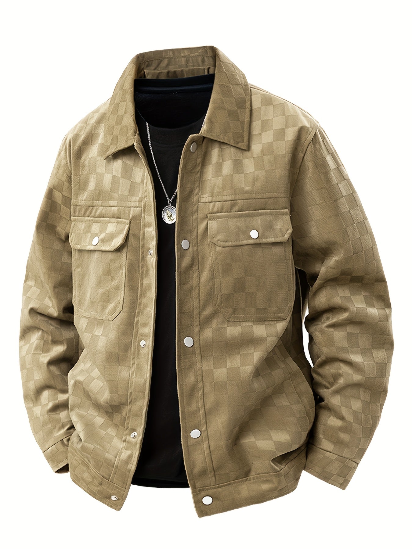 Men's relaxed fit checkered trucker jacket with button front and chest pockets for casual layering
