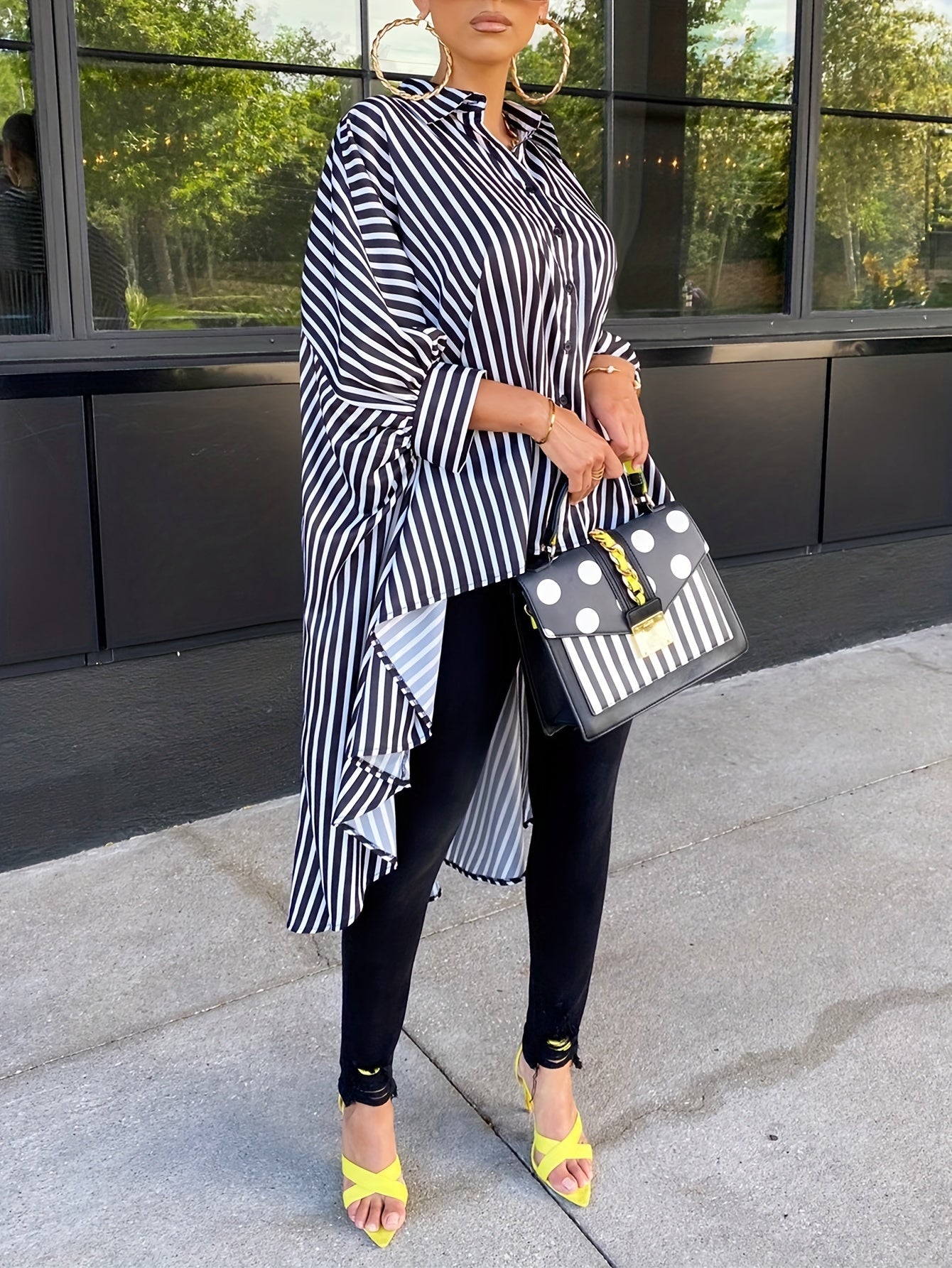 White black vertical stripe oversized tunic high-low hem button-front modern chic silhouette