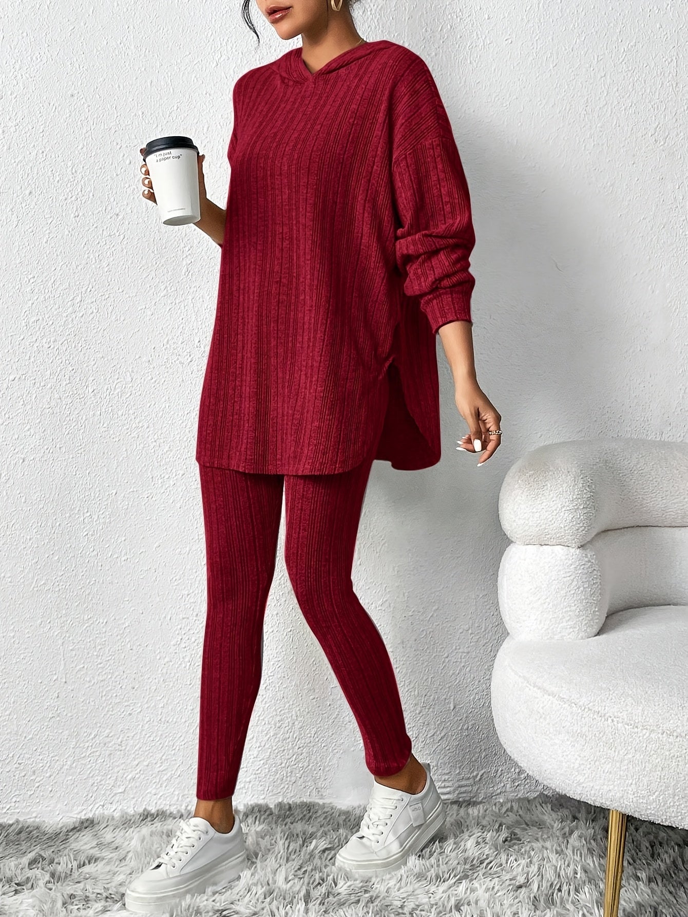 Women's ribbed knit lounge set with oversized hoodie and sculpting high-waist leggings in neutral tone