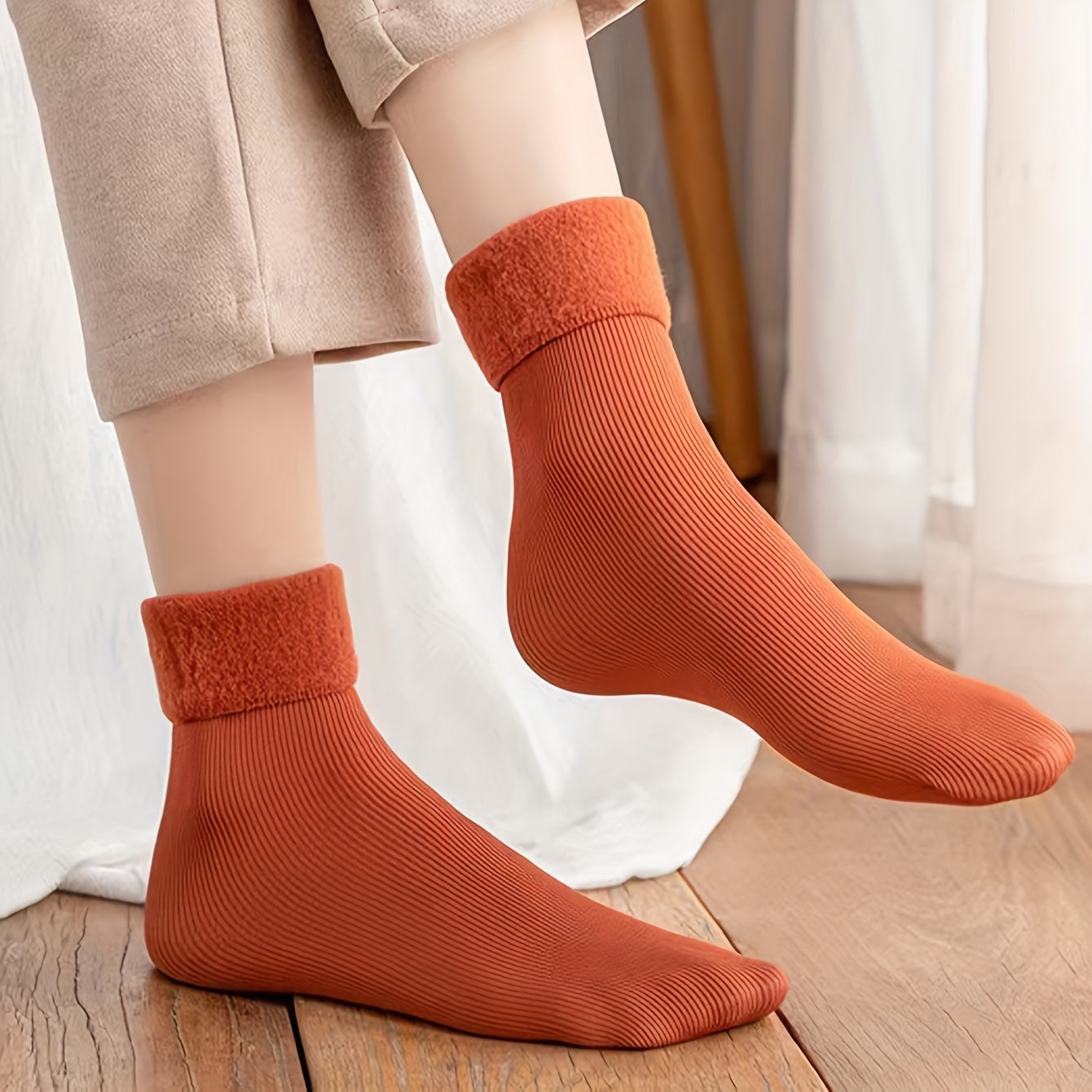 Women's fleece lined ribbed socks set 5 pairs velvet-soft cushioned cuff winter warmth