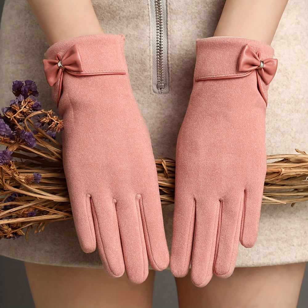 Women's brown suede winter gloves with wrist bow detail and touchscreen-compatible thermal fleece lining
