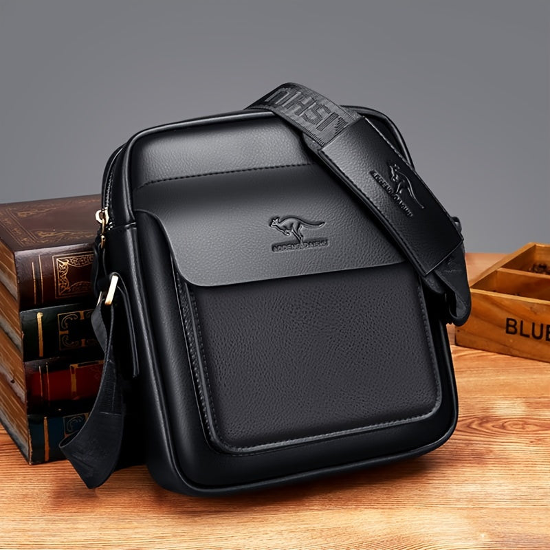 Structured black vegan leather crossbody messenger bag with magnetic front flap and matte finish