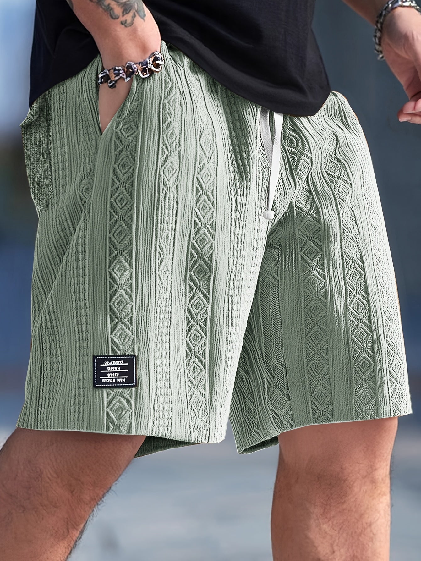 Unisex heather lounge shorts with geometric jacquard diamond knit texture and elastic waistband