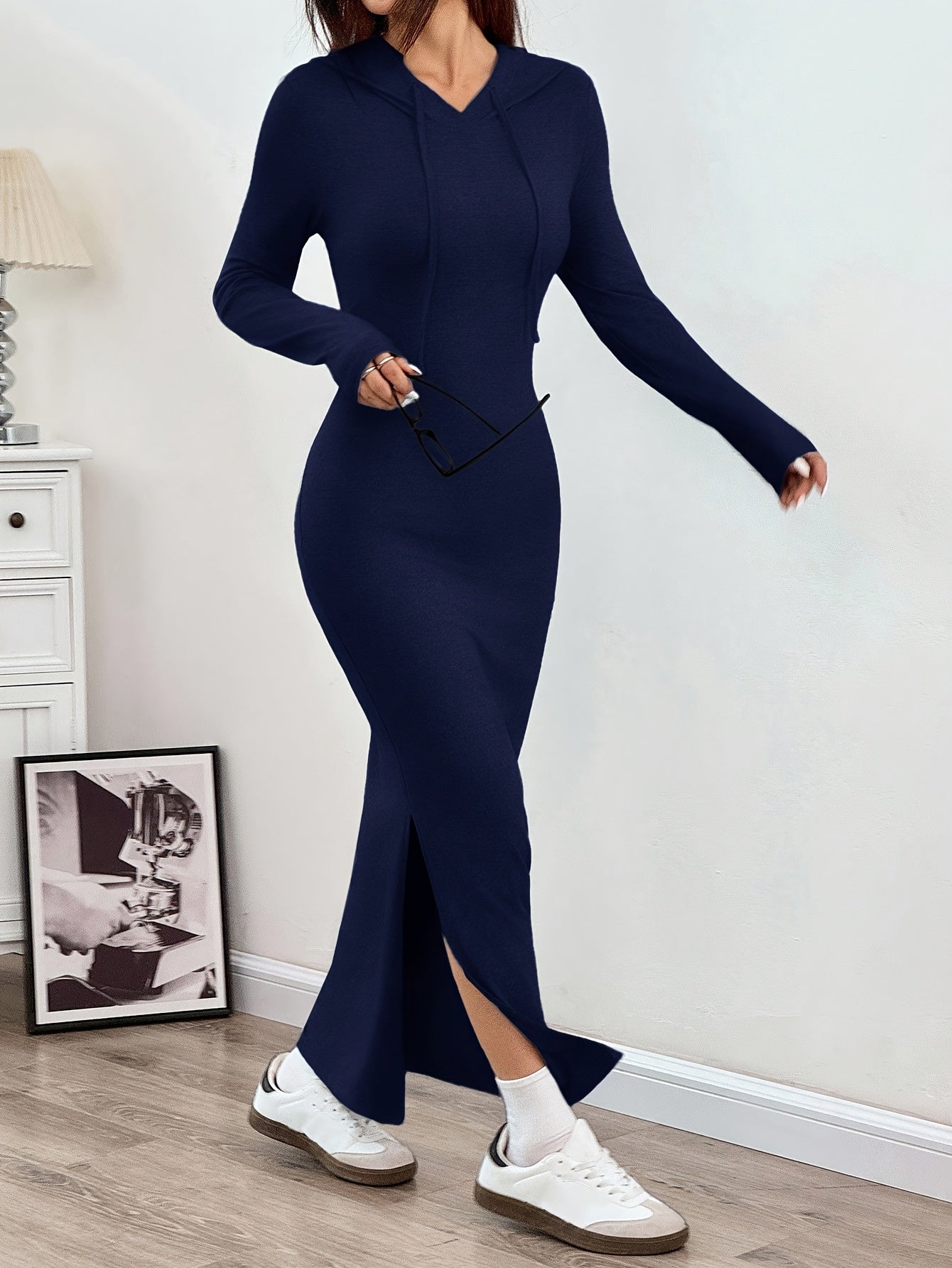 Black hooded bodycon maxi dress poly-stretch contoured fit with side slit modern minimalist style