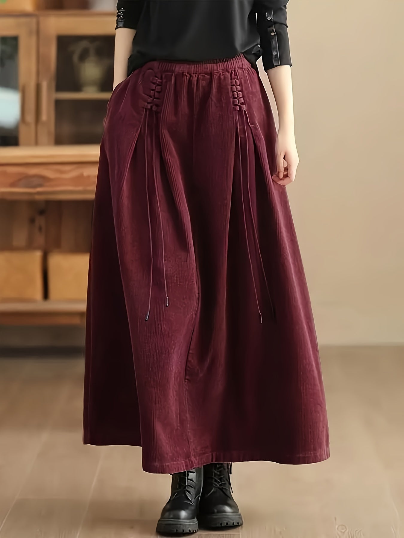 Women's brown corduroy maxi skirt A-line silhouette with corset waist wide-wale texture deep pockets