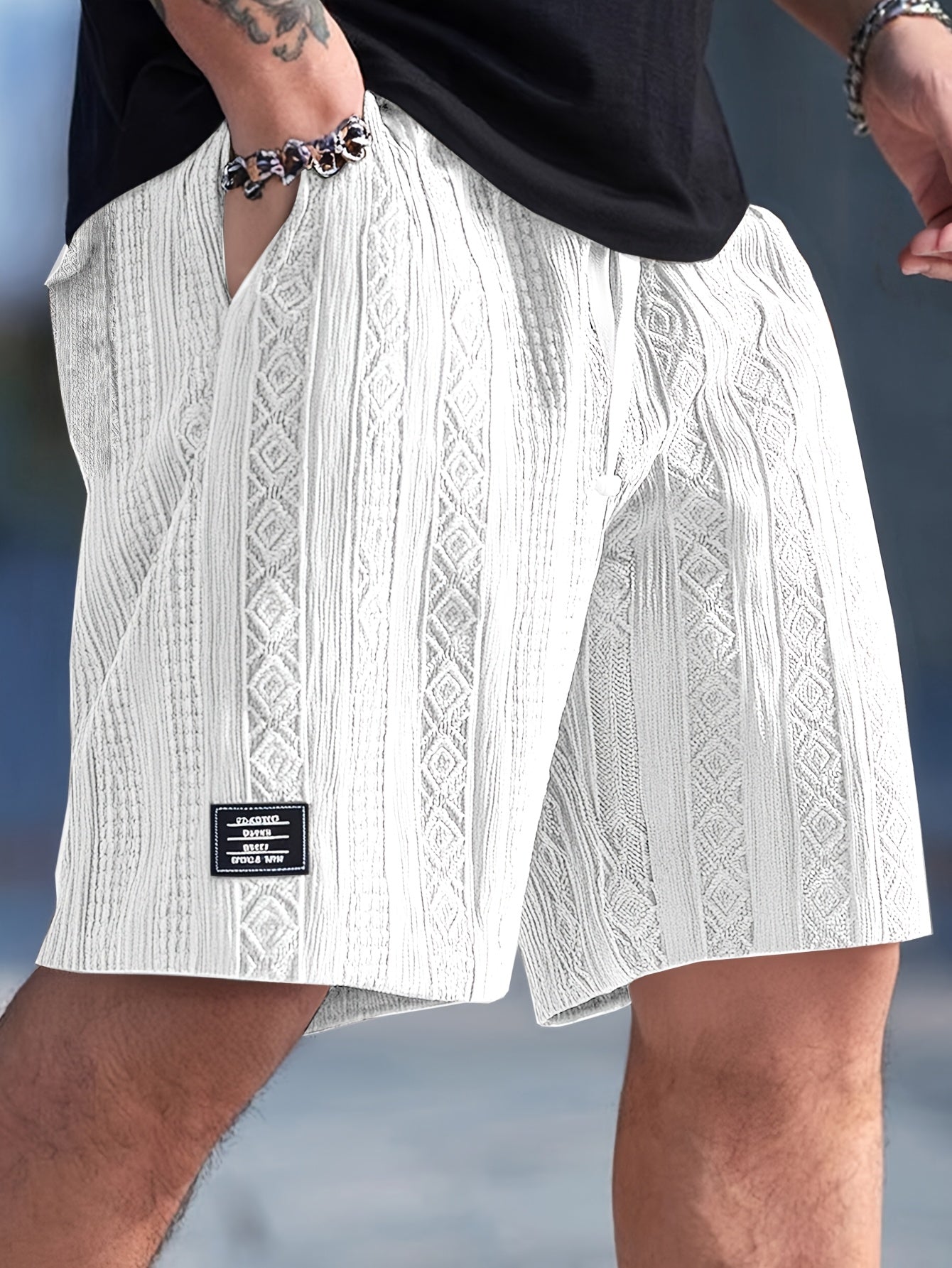 Unisex diamond knit lounge shorts geometric jacquard texture heavyweight cotton-blend elastic waistband