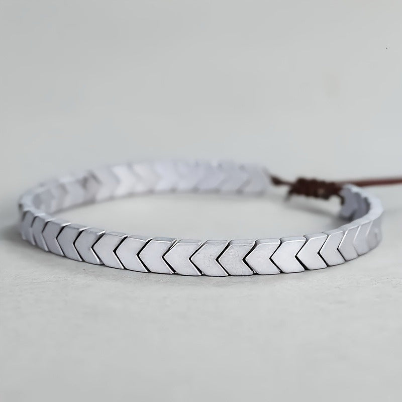 Unisex hematite beaded bracelet chevron pattern iridescent metallic finish with sliding knot closure