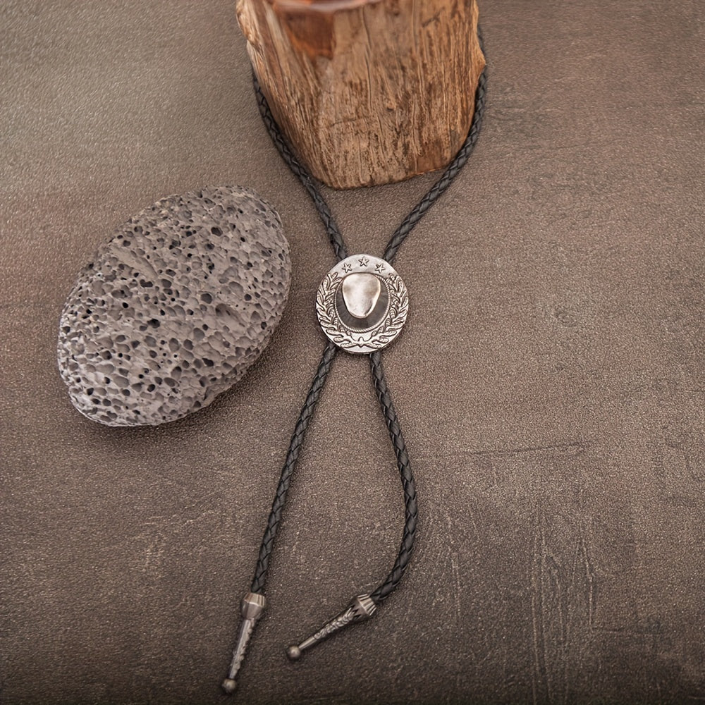 Adjustable bolo tie braided faux leather cord antique star laurel medallion western unisex accessory