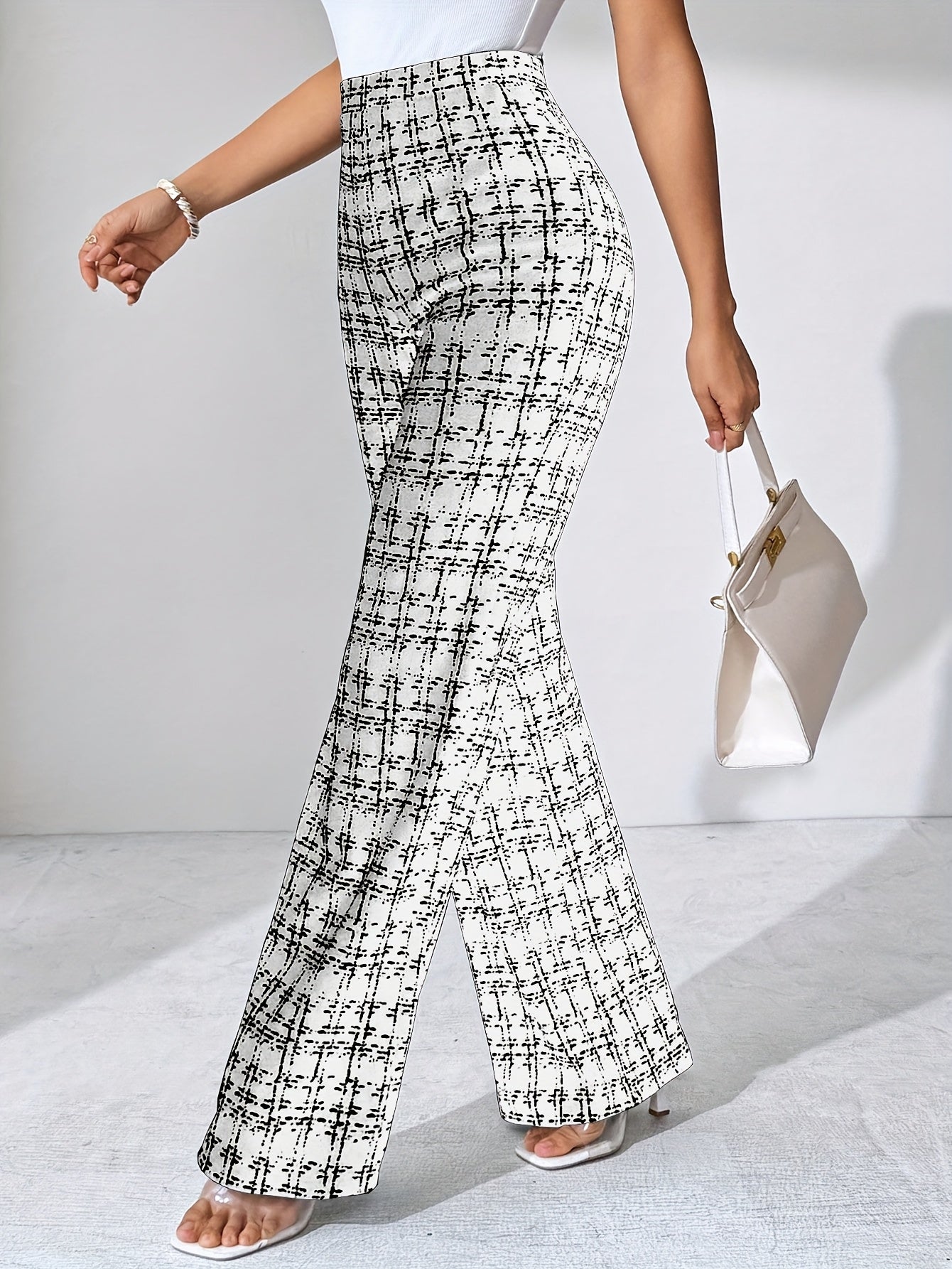 Women's tweed plaid flare pants high-waisted stretch knit sculpting silhouette for work