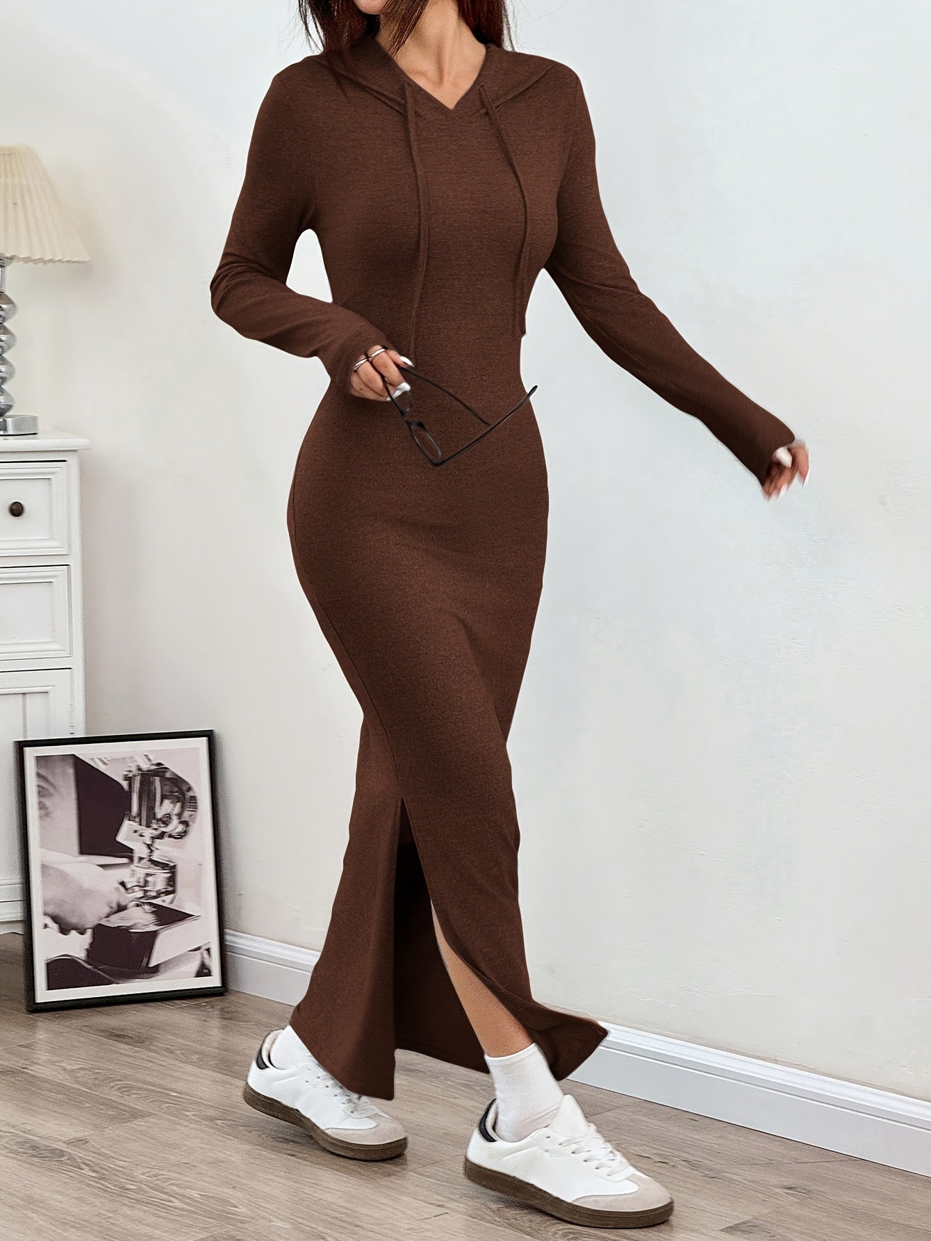 Black hooded bodycon maxi dress poly-stretch contoured fit with side slit modern minimalist style
