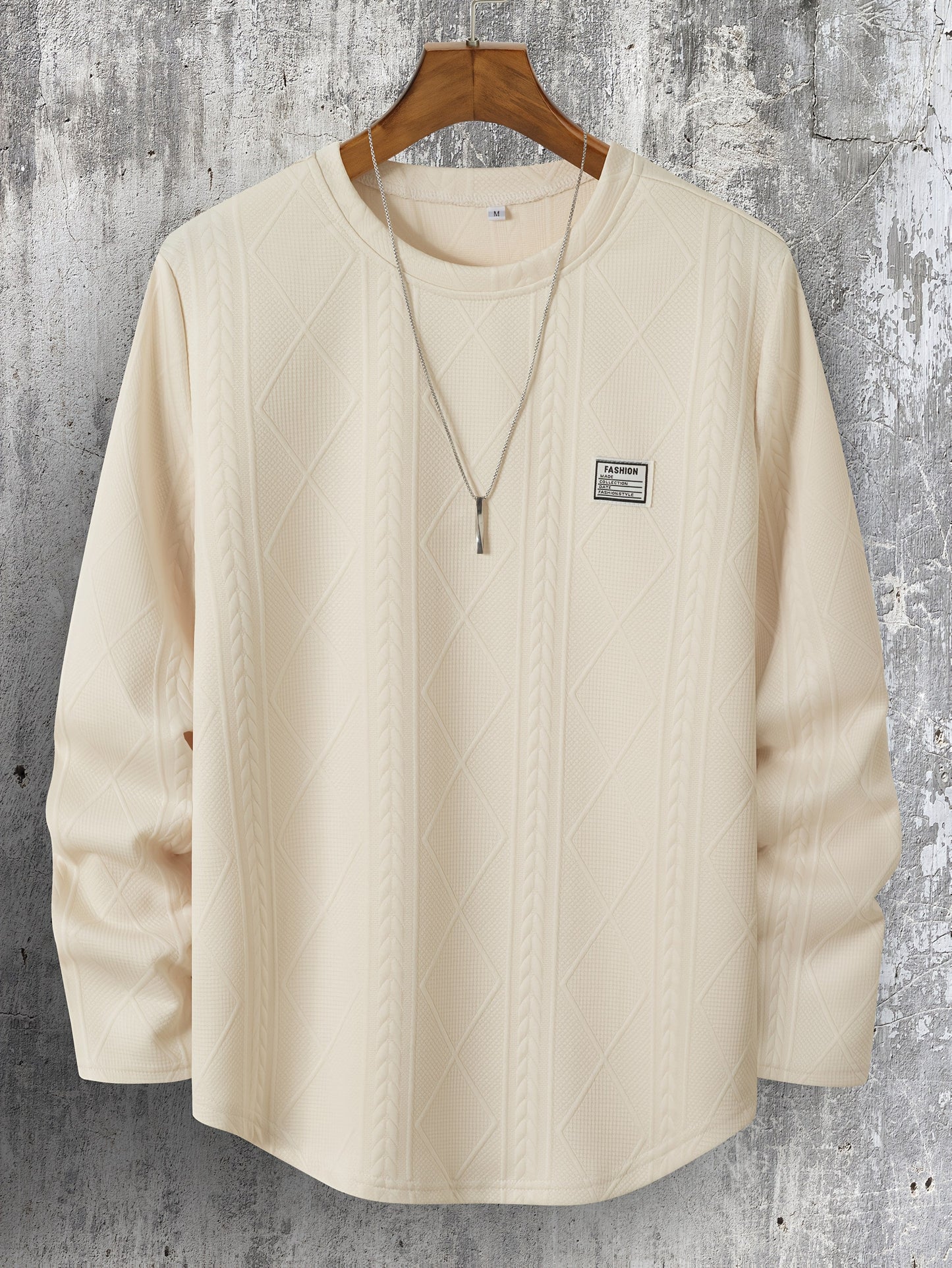 Verso cable knit crewneck sweatshirt with diamond texture pattern, midweight double-knit, modern slim silhouette