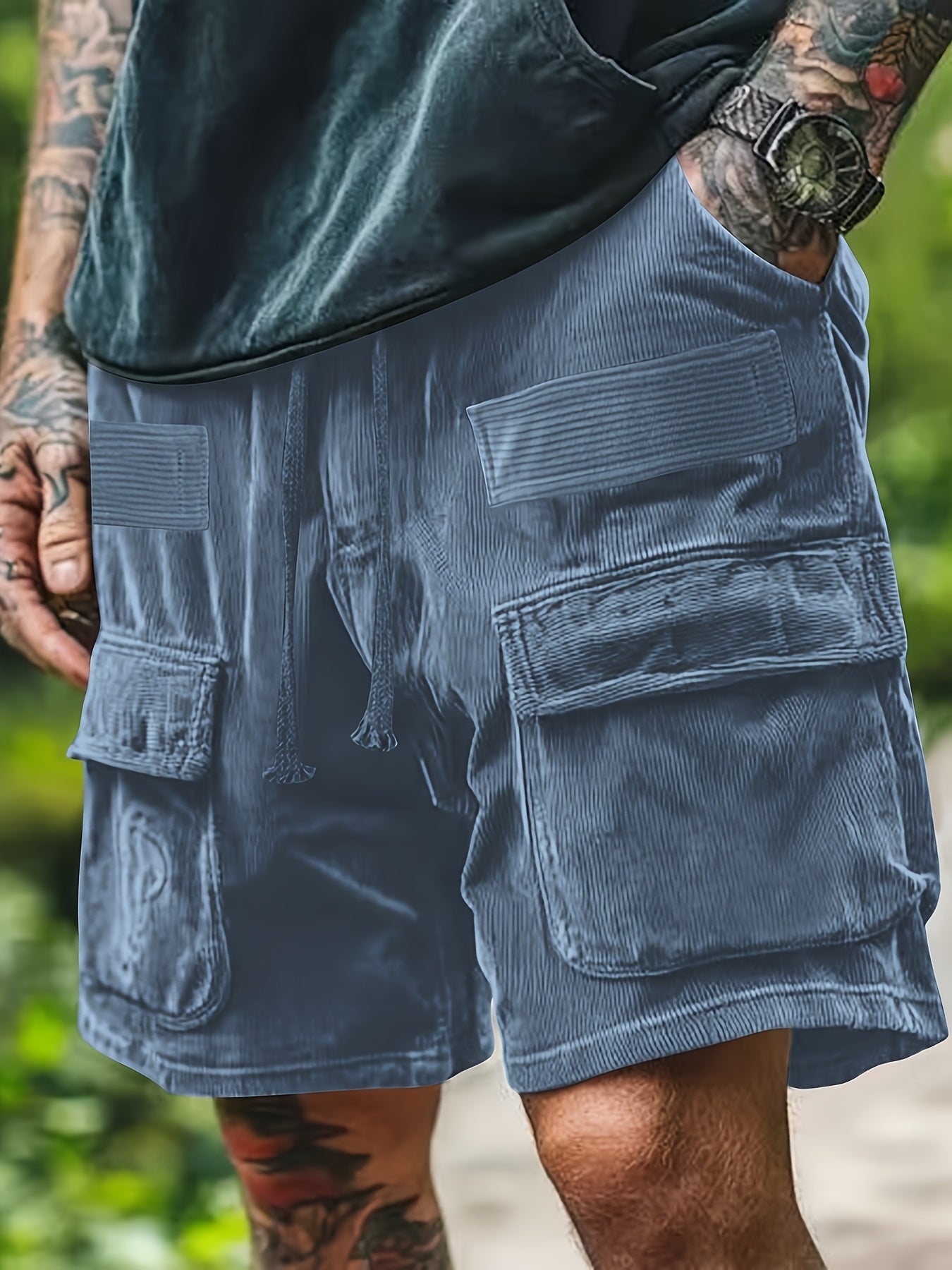 Men's wide-wale corduroy cargo shorts relaxed fit with oversized side pockets subtle texture
