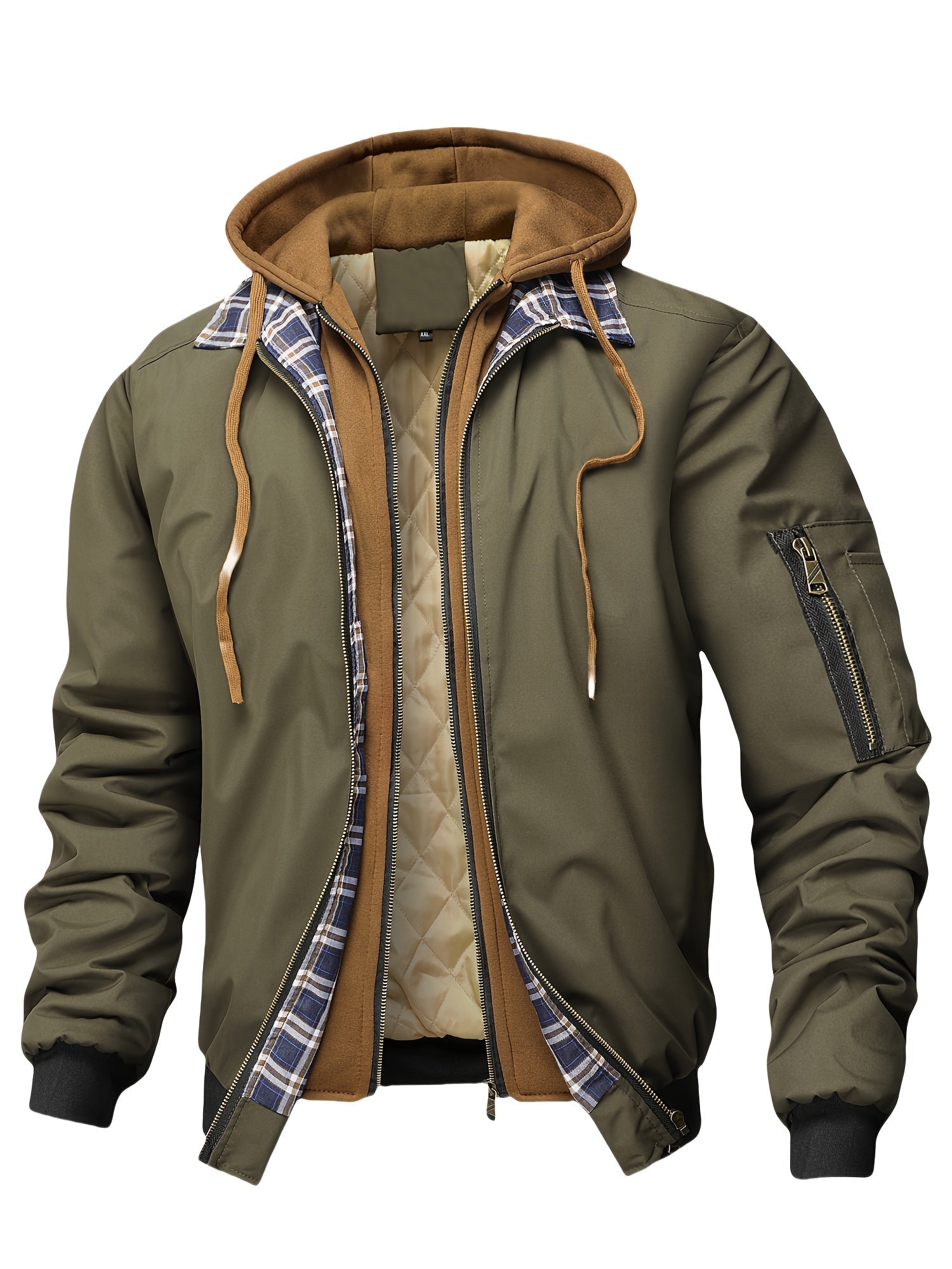 Dark urban parka with plaid interior lining, quilted insulation, and dual-layer utility shell design
