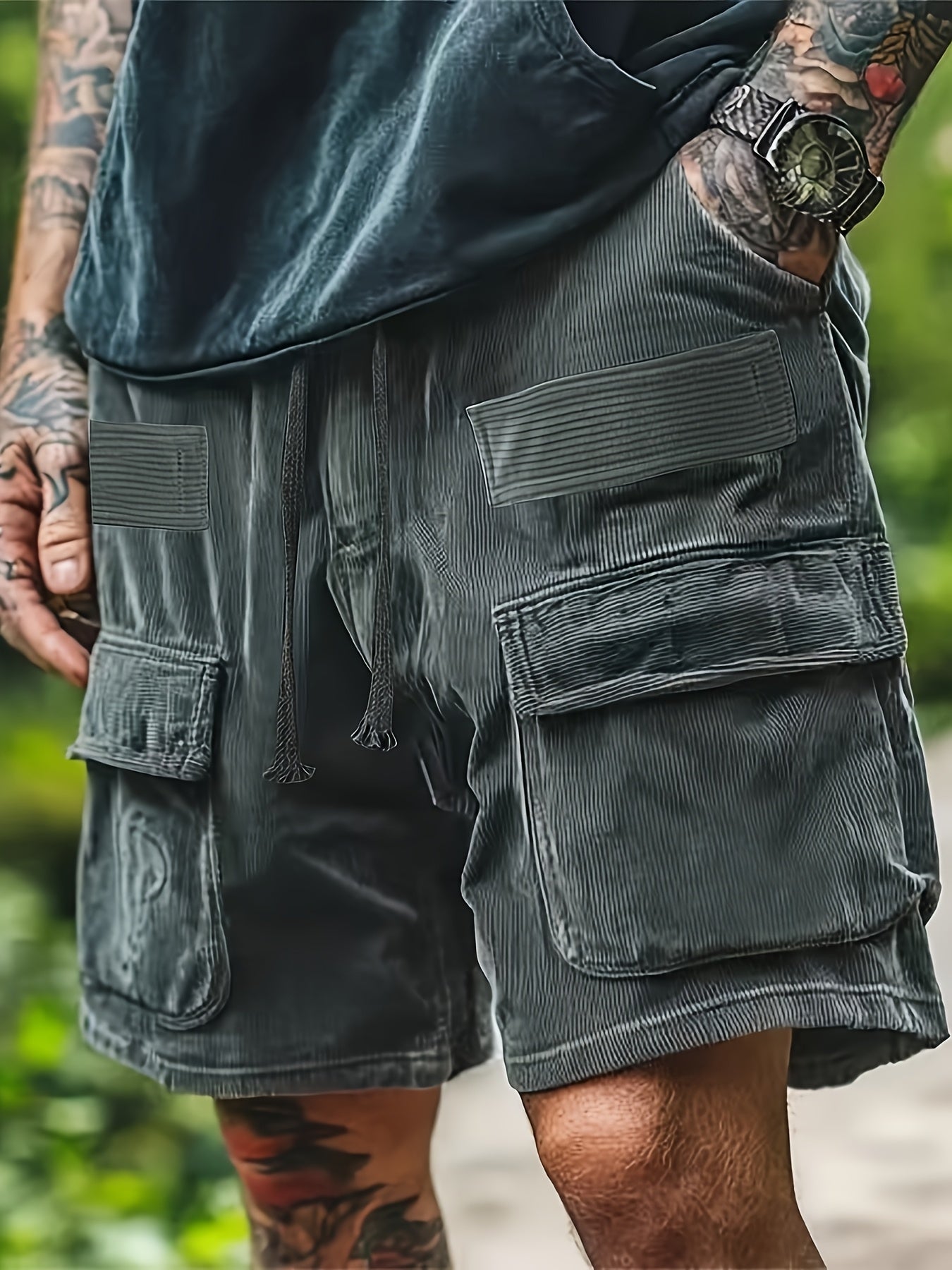 Men's corduroy cargo shorts relaxed fit wide-wale texture with oversized cargo pockets