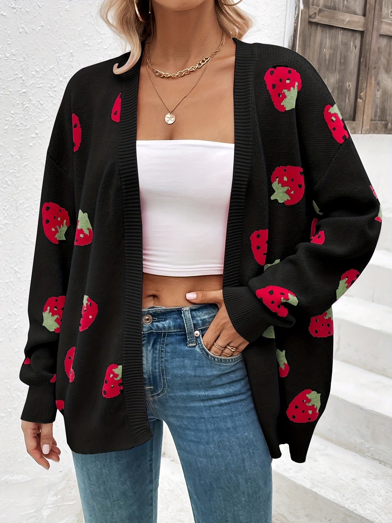 Women's oversized open-front knit cardigan with strawberry motif, soft mid-weight cotton-blend, playful style
