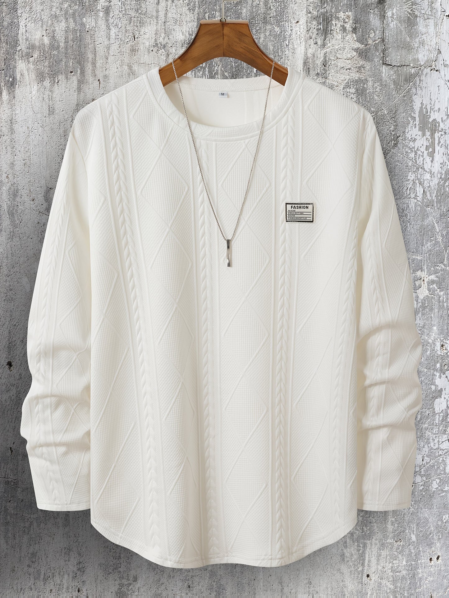 Verso cable knit crewneck sweatshirt with diamond texture pattern, midweight double-knit, modern slim silhouette